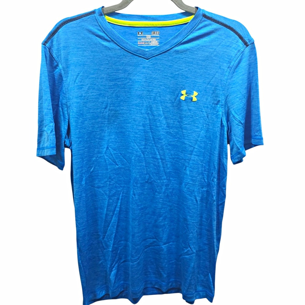 Under Armour HeatGear Mens Small Blue V Neck Loose Fit Athletic Workout Shirt